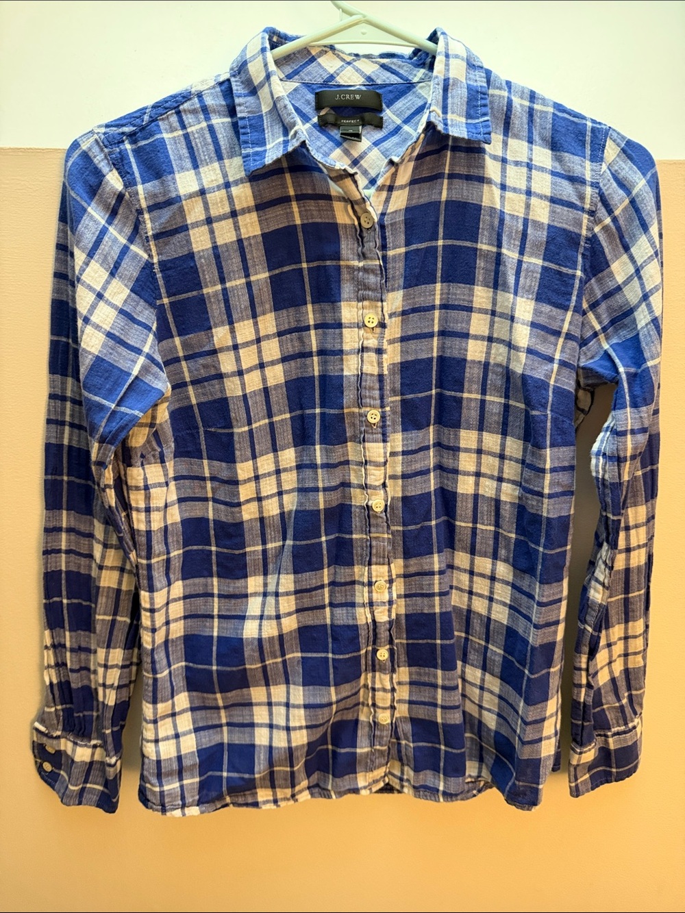 J. Crew Perfect Blue and White Plaid Long-Sleeve Button-Down Shirt size 4